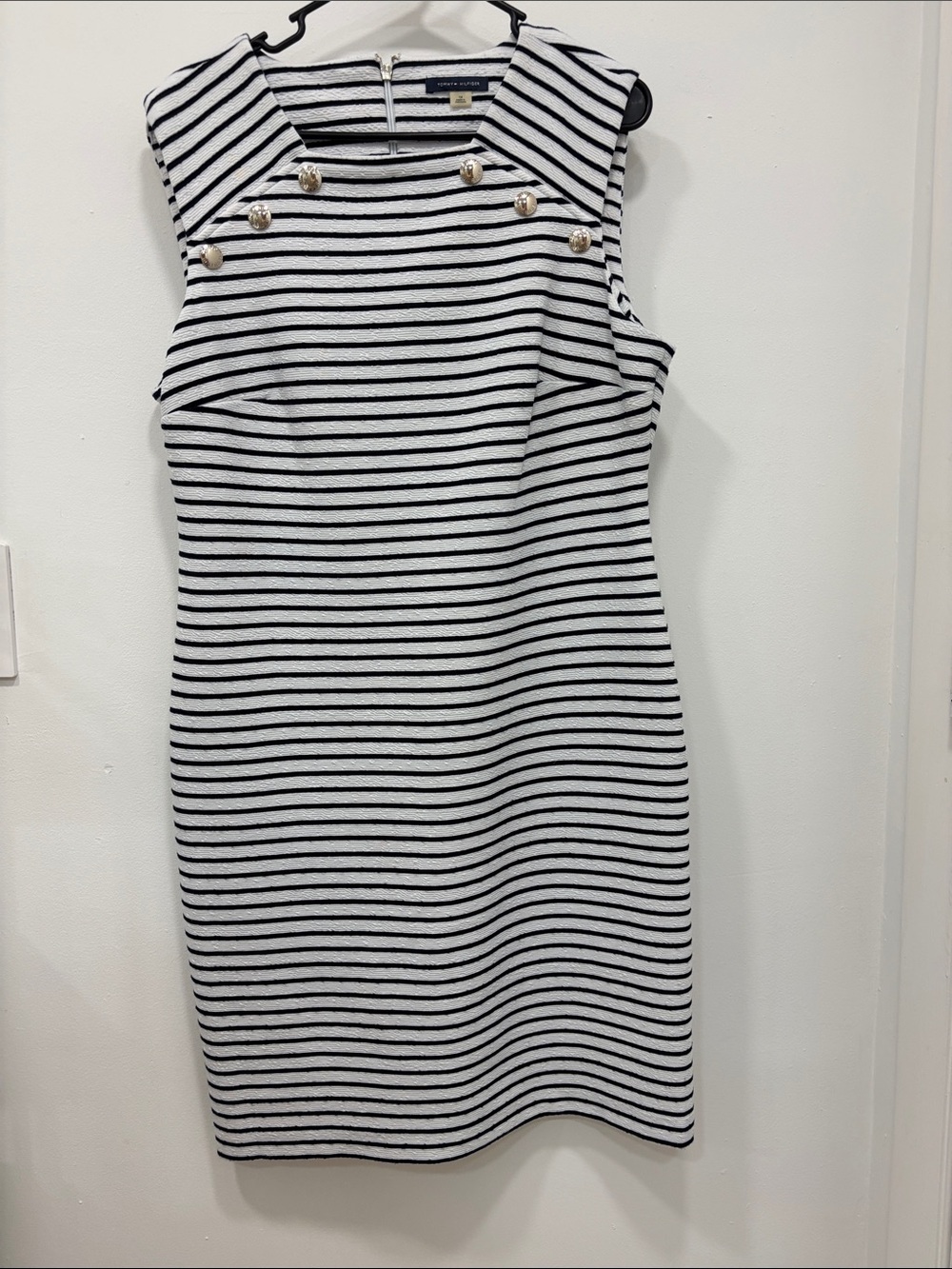 Tommy Hilfiger Black & White Striped Sleeveless Shift Dress with Gold Buttons